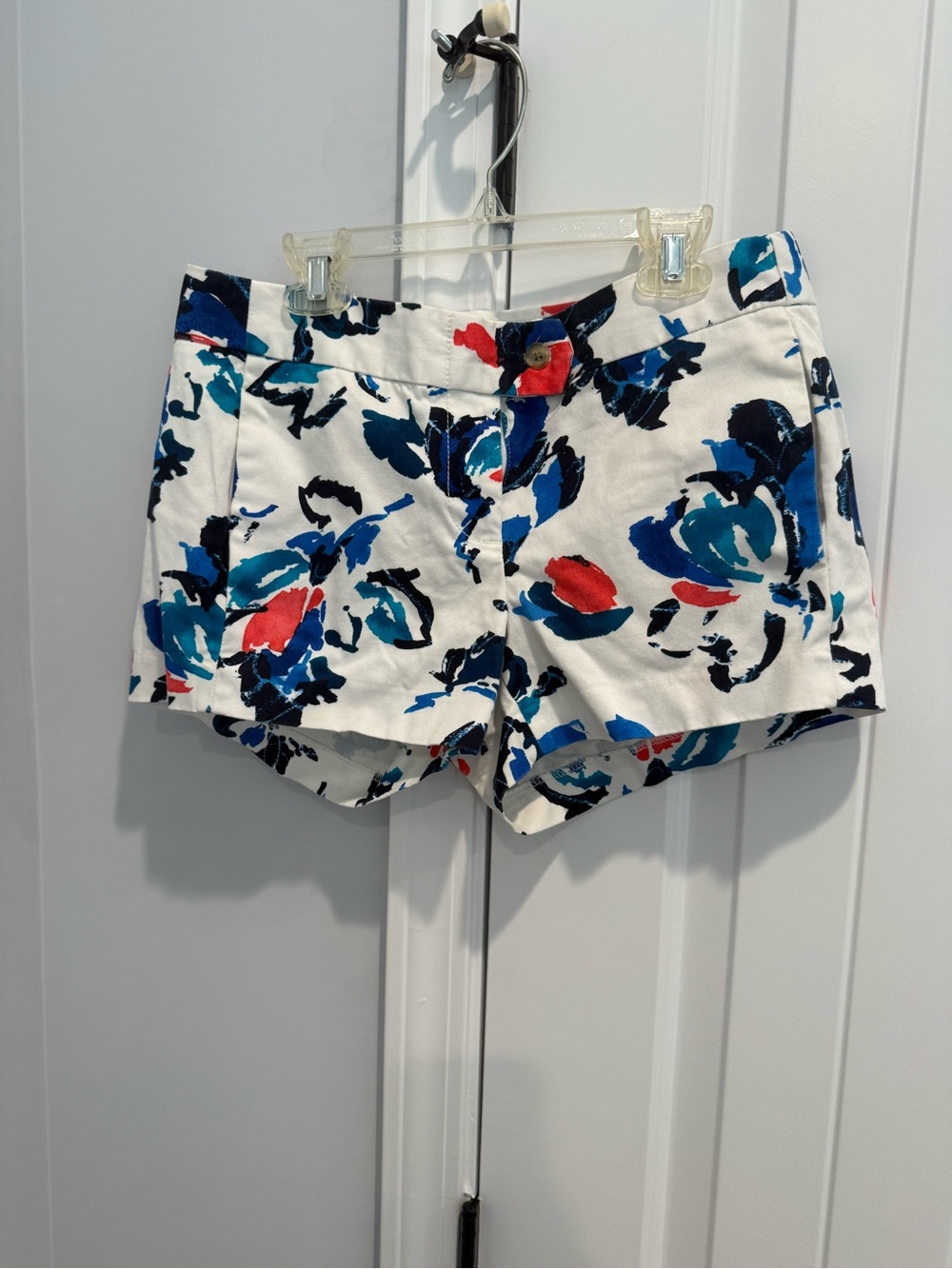 J. Crew White Floral Print Shorts with Blue & Red Accents